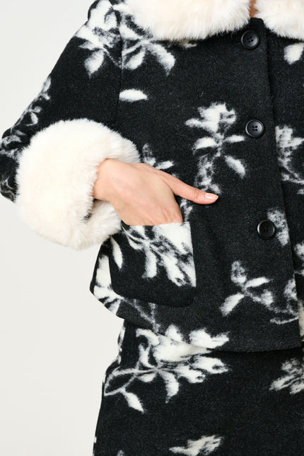 Kent Power Bloom Fur Collar And Cuff Jacket - Black & White - Detail 1