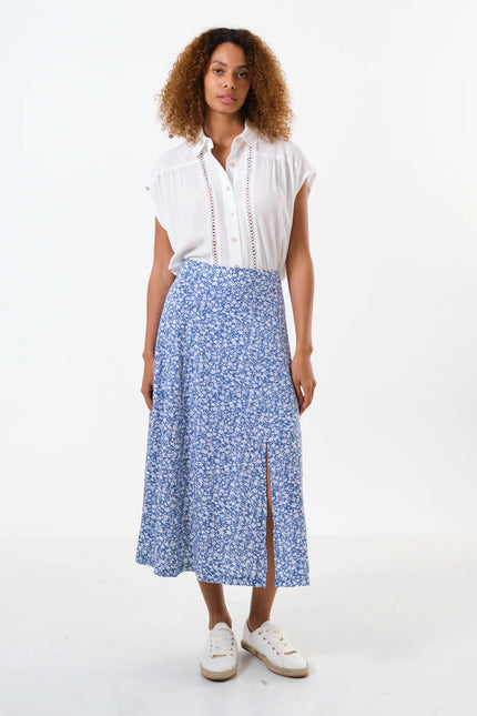 Kiyo Micro Blossom Print Midi Skirt In Blue - Detail 2