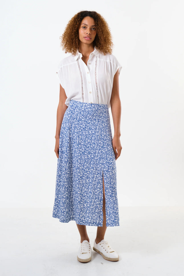 Kiyo Micro Blossom Print Midi Skirt In Blue - Detail 2