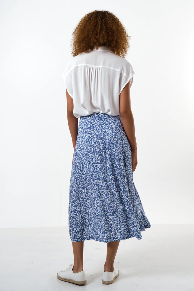 Kiyo Micro Blossom Print Midi Skirt In Blue - Back