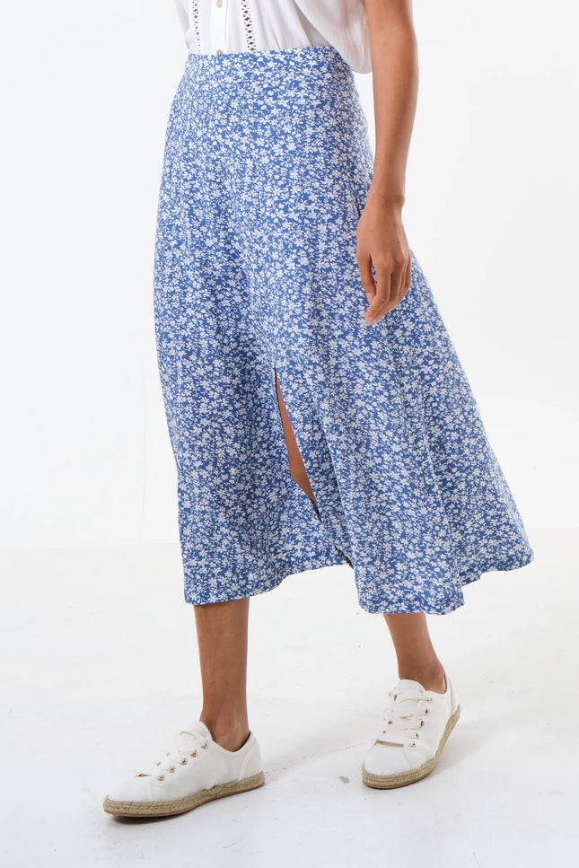 Kiyo Micro Blossom Print Midi Skirt In Blue - Detail 3