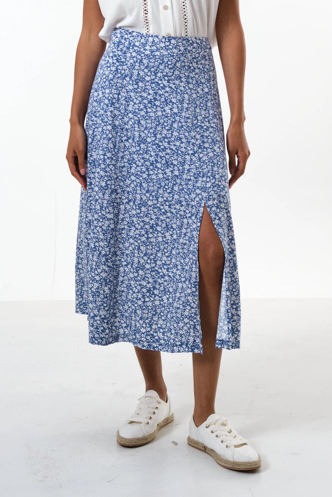 Kiyo Micro Blossom Print Midi Skirt In Blue - Front