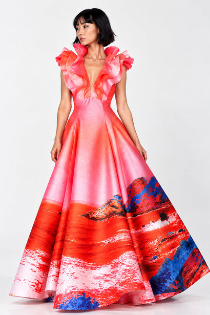 Butterfly Evening Dress - Red Blue Landscape