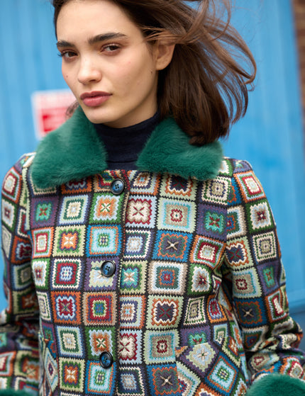 Kent 70'S Patch Jacquard Fur Trim Cropped Jacket