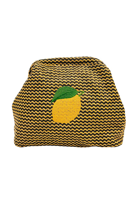 Lemon Straw Clutch pouch by Lilly Loves featuring a bright yellow lemon design and straw texture for a stylish accessory.