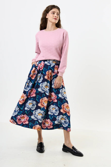 Lizea Peonies Print Pleated Midi Skirt - Navy - Front
