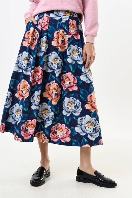 Lizea Peonies Print Pleated Midi Skirt - Navy - Back