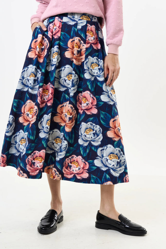 Lizea Peonies Print Pleated Midi Skirt - Navy - Back