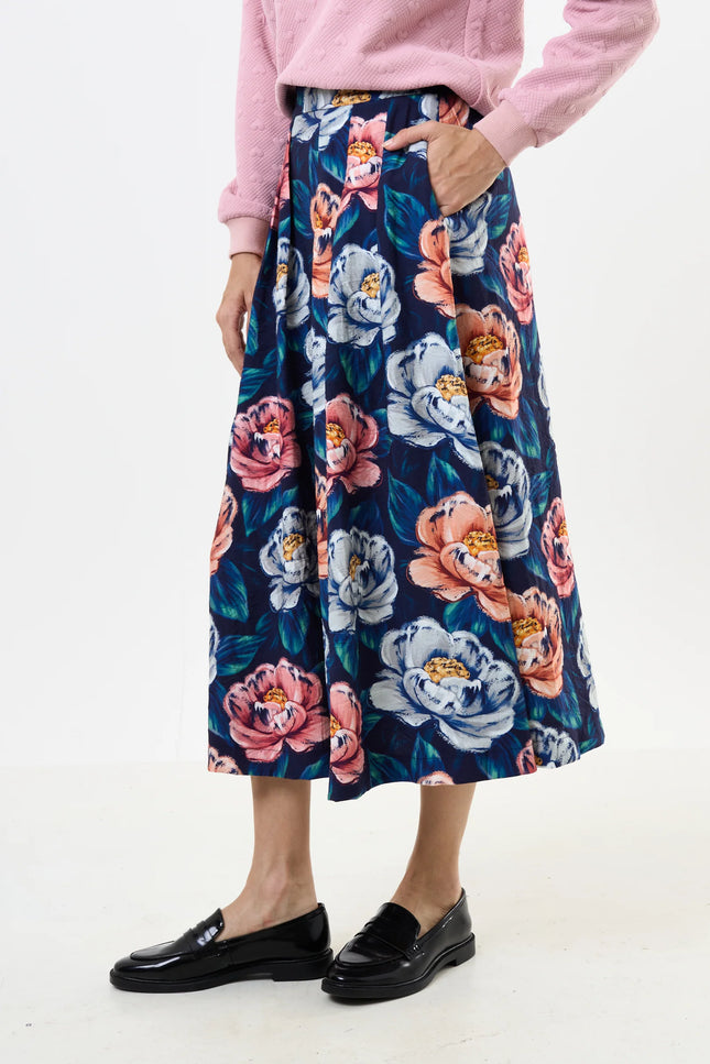 Lizea Peonies Print Pleated Midi Skirt - Navy - Detail 2