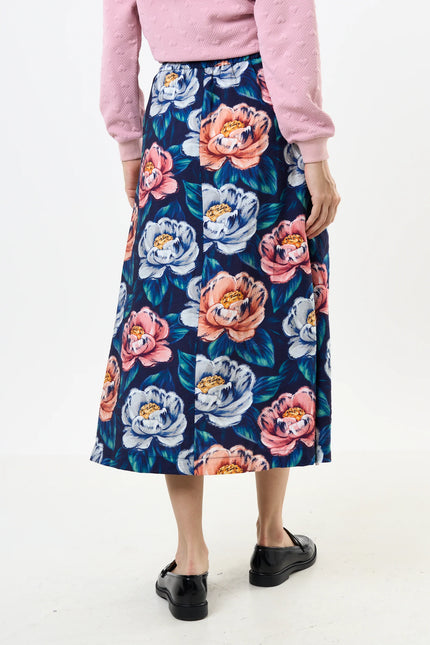 Lizea Peonies Print Pleated Midi Skirt - Navy - Detail 1