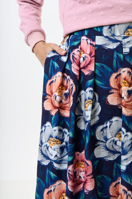 Lizea Peonies Print Pleated Midi Skirt - Navy - Detail 3