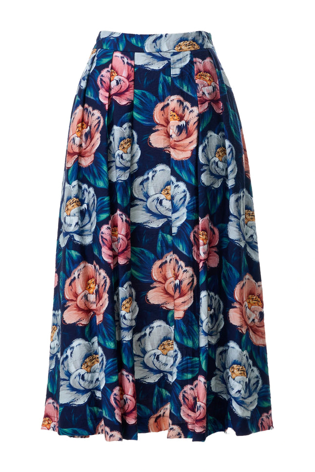 Lizea Peonies Print Pleated Midi Skirt - Navy - Styled