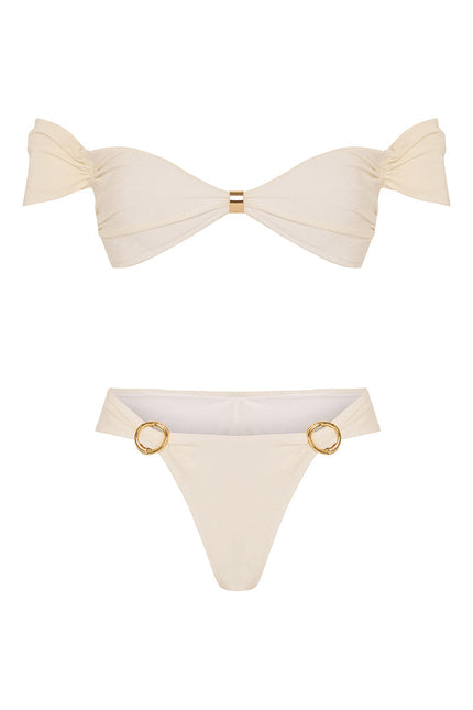 MOVOM Lotus Düşük Omuz Bikini, kırık beyaz, model üzerinde tam boy görünüm