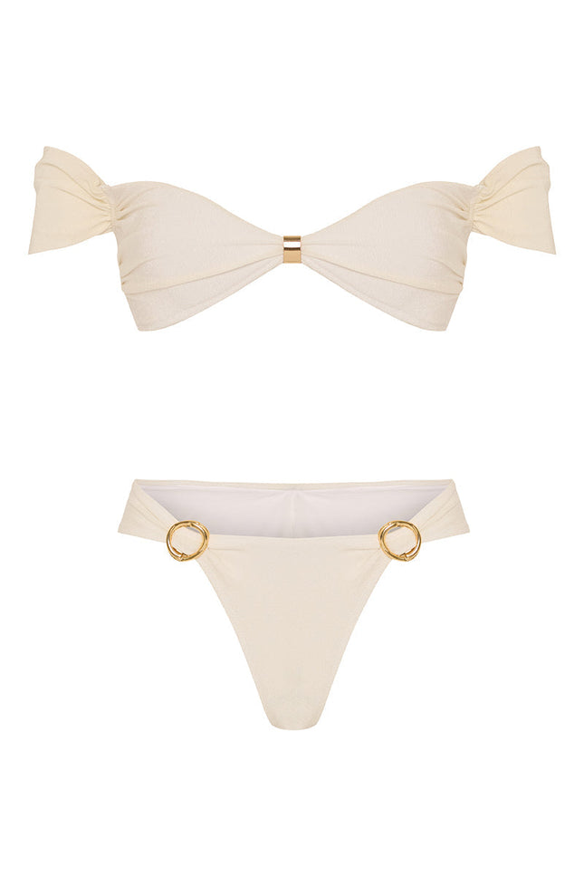 MOVOM Lotus Düşük Omuz Bikini, kırık beyaz, model üzerinde tam boy görünüm
