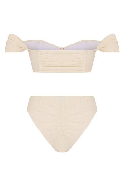 MOVOM Lotus Düşük Omuz Bikini, kırık beyaz, kumaş doku yakın çekim