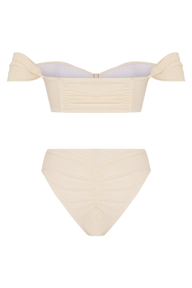 MOVOM Lotus Düşük Omuz Bikini, kırık beyaz, kumaş doku yakın çekim