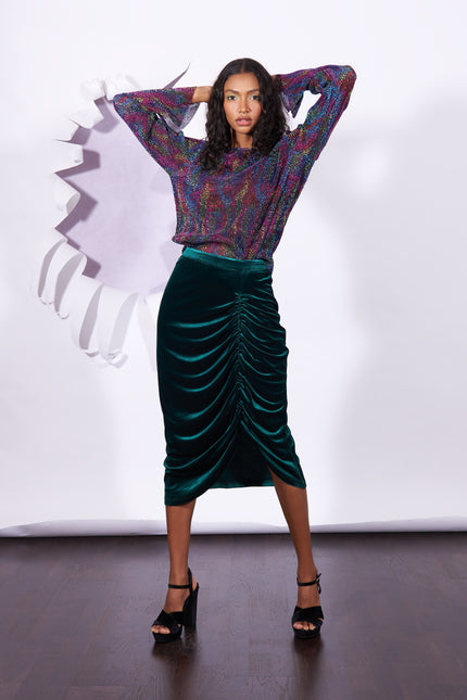 Louche Helka Velvet Ruched Mini Skirt Green - Front