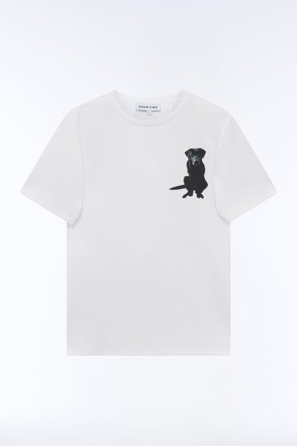 Relaxed-fit optic white t-shirt with Labrador graphic at chest by SOUR FIGS.