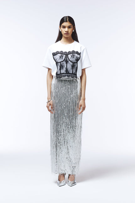 Sour Figs white cotton T-shirt with black lace corset appliqué
