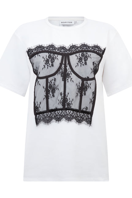 Statement corset-effect graphic top in crisp white by Sour Figs