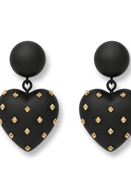 Lavinia Matte Black Resin Studded Heart Drop Earrings