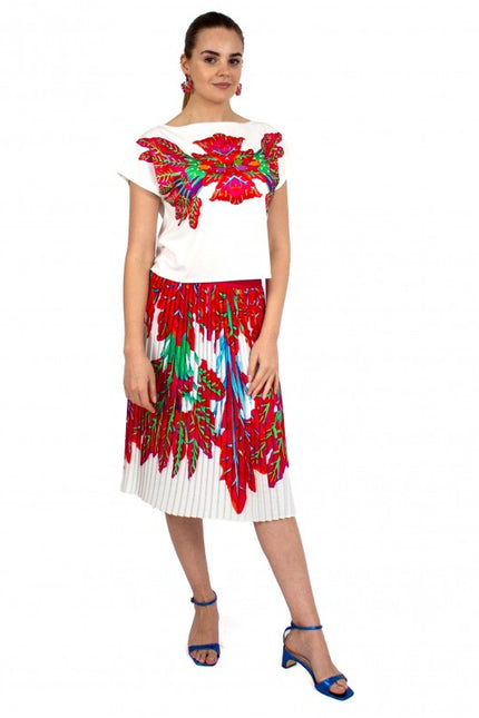 Lalipop Design | Pleated Midi Skirt with red leaves white