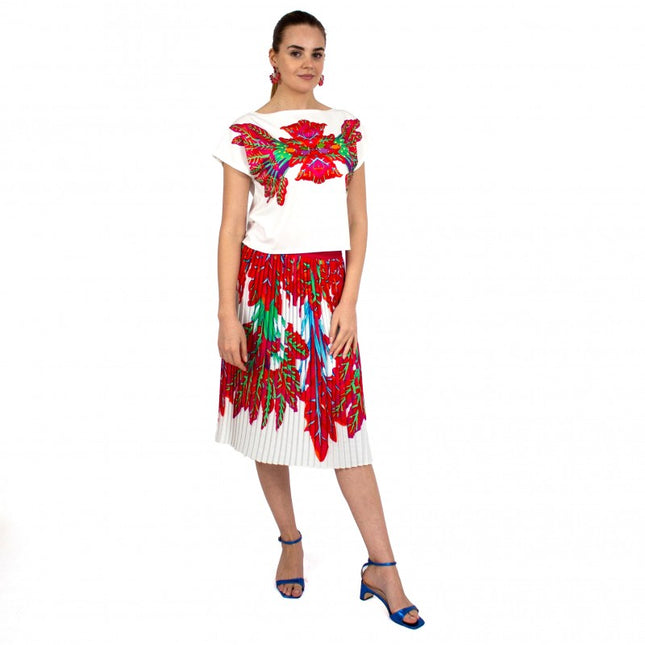 Lalipop Design | Pleated Midi Skirt with red leaves white