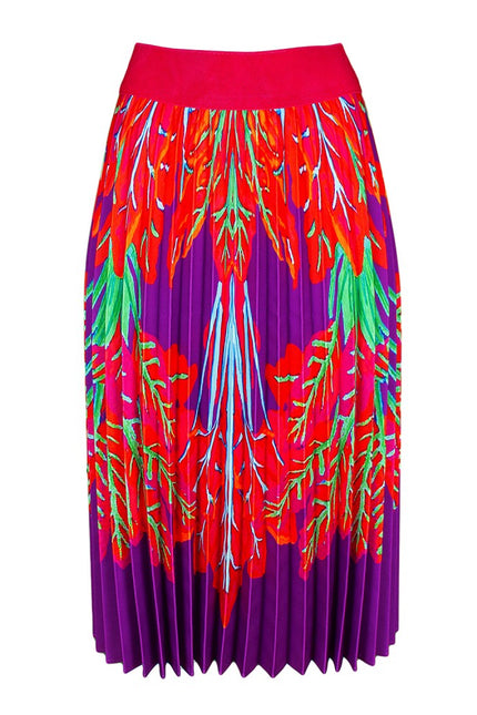 Lalipop Design | Half Circle Pleated Midi Skirt with red leaves purple