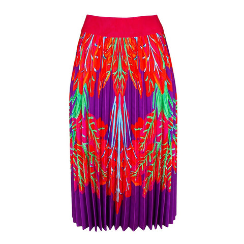 Lalipop Design | Half Circle Pleated Midi Skirt with red leaves purple