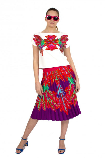 Lalipop Design | Half Circle Pleated Midi Skirt with red leaves purple
