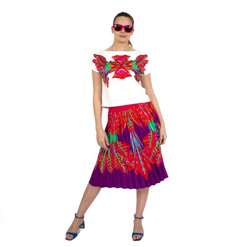 Lalipop Design | Half Circle Pleated Midi Skirt with red leaves purple