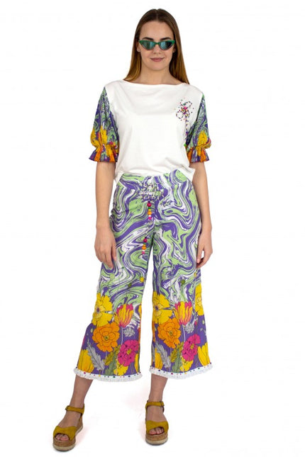 Lalipop Design | Capri Wide Leg Trousers with abstract liquid and flower pattern