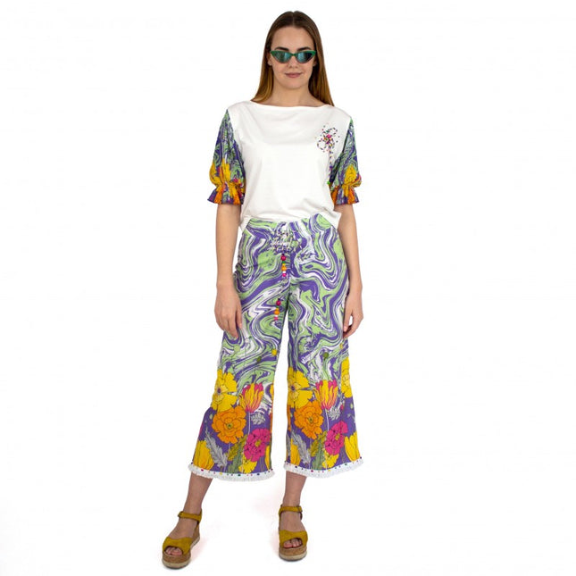 Lalipop Design | Capri Wide Leg Trousers with abstract liquid and flower pattern