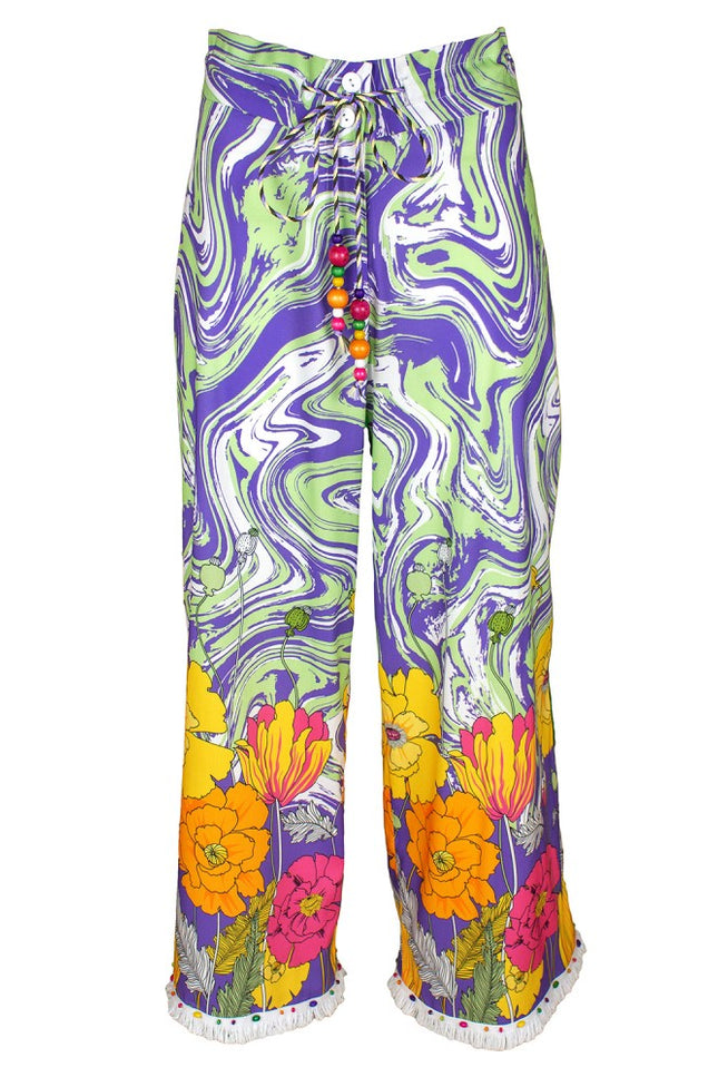 Lalipop Design | Capri Wide Leg Trousers with abstract liquid and flower pattern