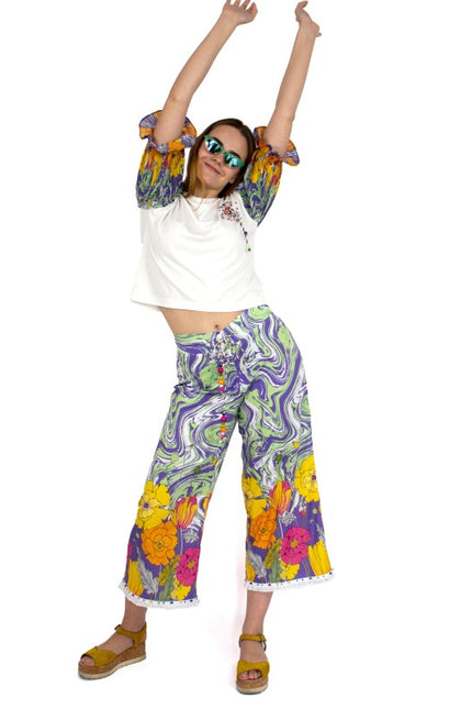 Lalipop Design | Capri Wide Leg Trousers with abstract liquid and flower pattern