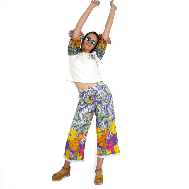 Lalipop Design | Capri Wide Leg Trousers with abstract liquid and flower pattern