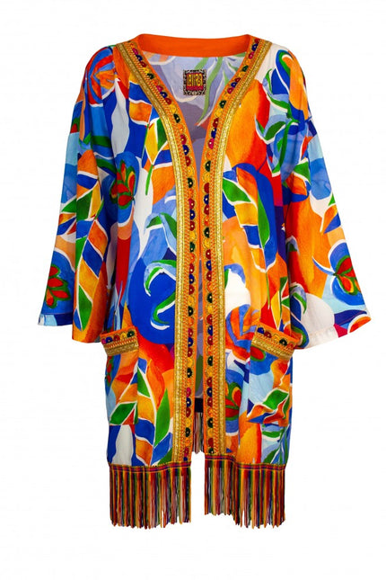 Lalipop Design | Colorful Leaf Print Midi Kimono with embroidery borders