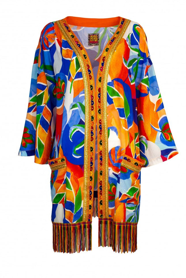 Lalipop Design | Colorful Leaf Print Midi Kimono with embroidery borders