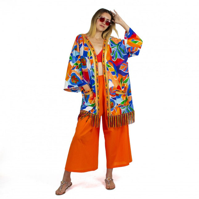 Lalipop Design | Colorful Leaf Print Midi Kimono with embroidery borders