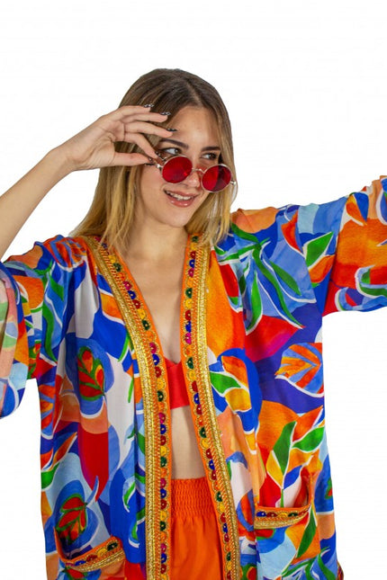 Lalipop Design | Colorful Leaf Print Midi Kimono with embroidery borders