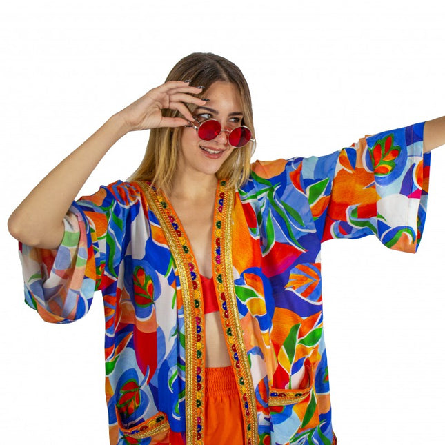 Lalipop Design | Colorful Leaf Print Midi Kimono with embroidery borders