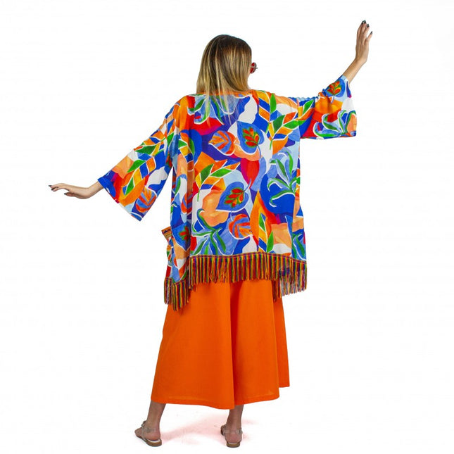Lalipop Design | Colorful Leaf Print Midi Kimono with embroidery borders