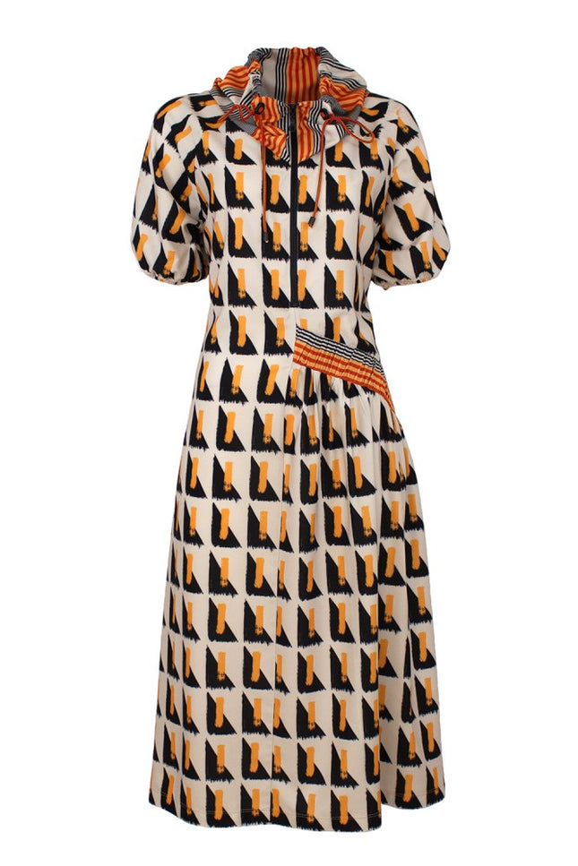 Lalipop Design | Geometric Print Midi Dress with puff sleeves