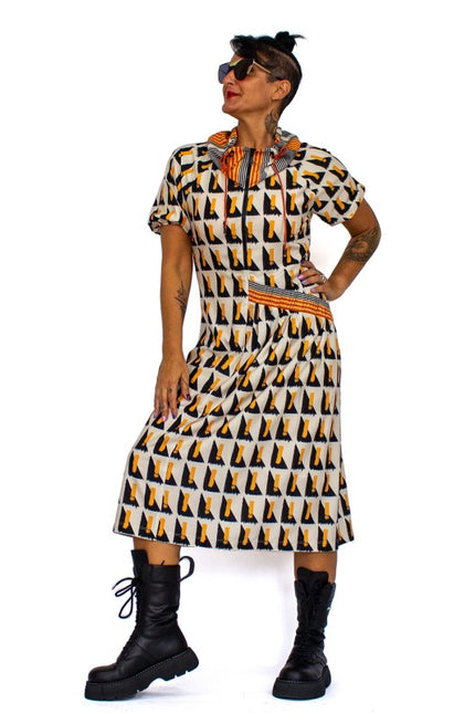 Lalipop Design | Geometric Print Midi Dress with puff sleeves