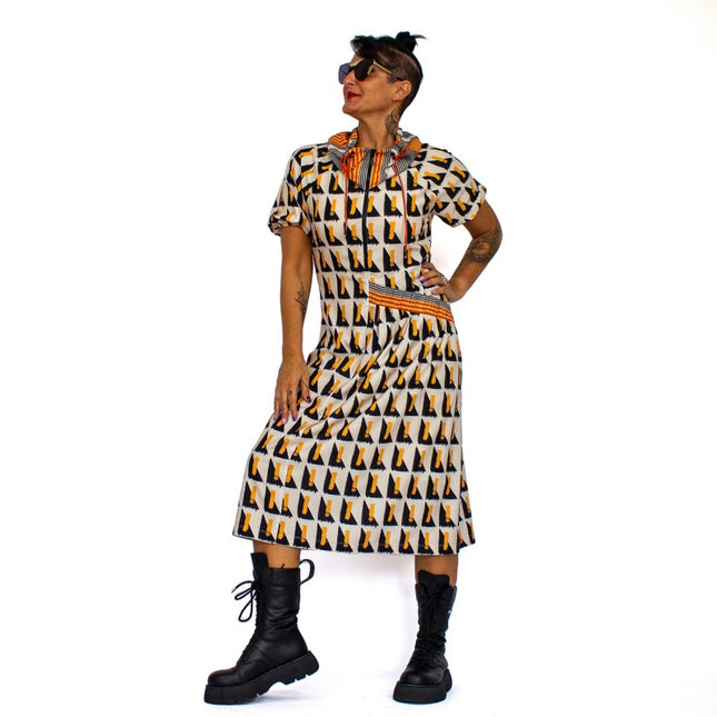 Lalipop Design | Geometric Print Midi Dress with puff sleeves
