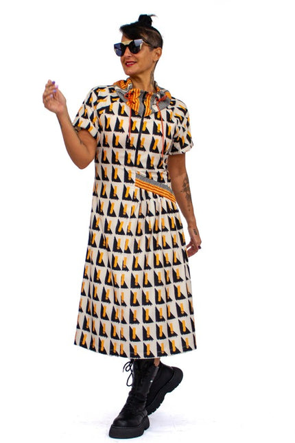 Lalipop Design | Geometric Print Midi Dress with puff sleeves