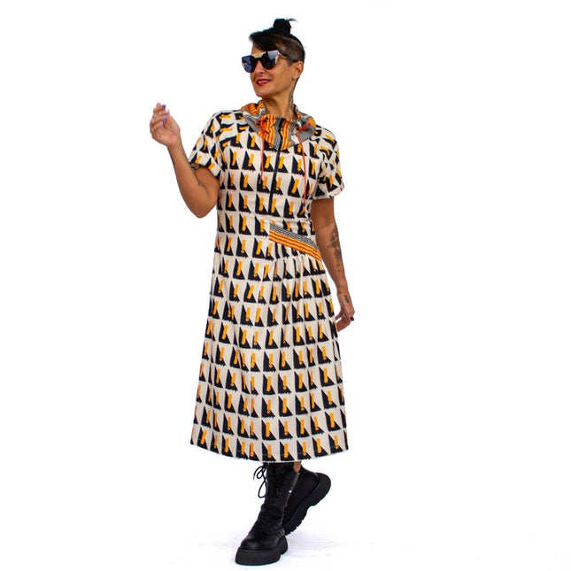 Lalipop Design | Geometric Print Midi Dress with puff sleeves