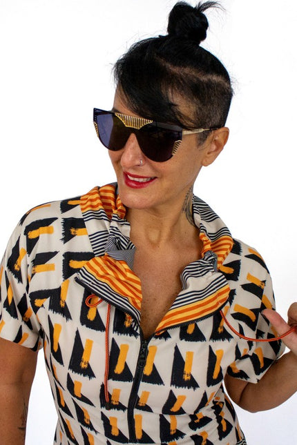 Lalipop Design | Geometric Print Midi Dress with puff sleeves