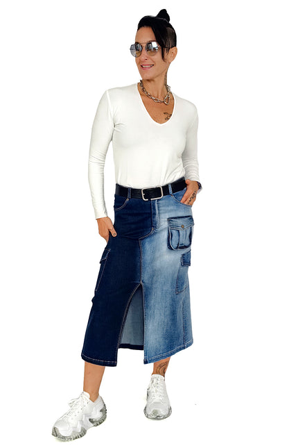 Lalipop Design | A Line Cargo Pocket Denim Midi skirt