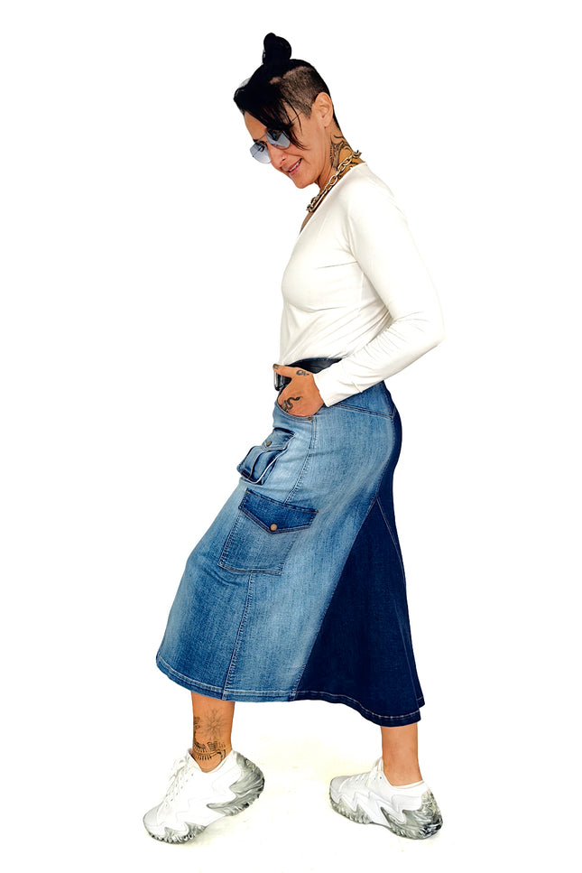 Lalipop Design | A Line Cargo Pocket Denim Midi skirt